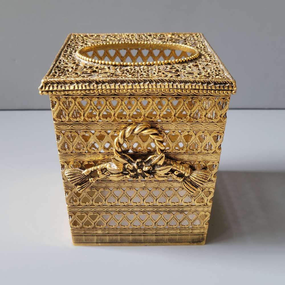 Vintage Ormolu Filigree Hollywood Regency Tissue Box Holder 1970s